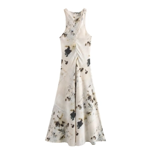 Elegant sleeveless cream maxi dress with abstract ink print and back zipper closure