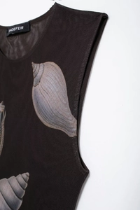 Detailed macro view of the fine brown mesh fabric texture with realistic shell print