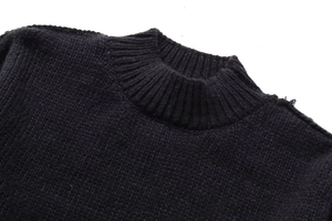 Detail of black mock neck sweater showing ribbed neckline and thick knit texture