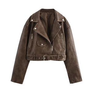 Women's vintage dark brown faux leather motorcycle jacket with belt and silver zippers