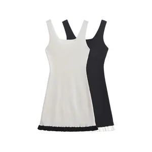 Robe Courte Sans Manches en Tricot Côtelé Pour Femmes Ourlet à Volants Contrastés Coupe Ajustée Moulante Été