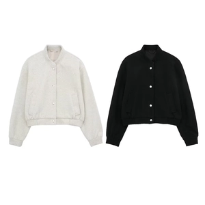 Women's oversized wool bomber jacket with snap buttons in oat and black colors