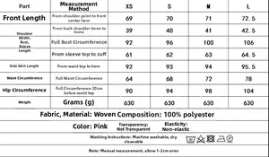 Size chart for women's pink satin suit set including measurements for blazer and skirt