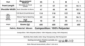 Size chart for women's grey jacket showing XS to L measurements in 100% polyester fabric