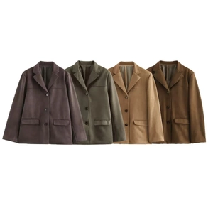 Chic women's faux leather blazers with notched lapels in purple, green, tan and brown