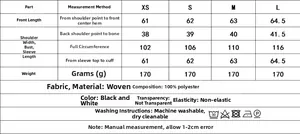 Detailed size chart for striped beaded shirt with measurements from XS to L in cm