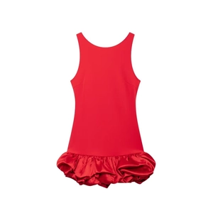 Detail of red sleeveless mini dress featuring a voluminous satin bubble hem and round neck