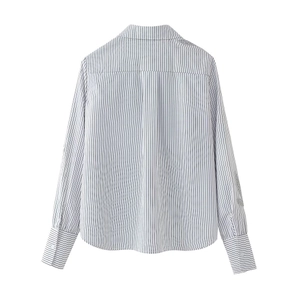 Detail of silver sequin bead embroidery on a striped long sleeve shirt with classic collar