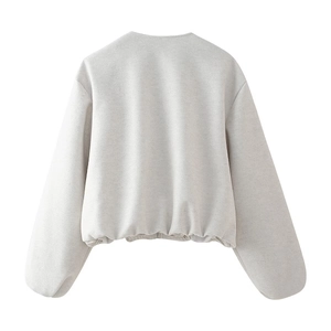 Women's light grey cropped soft jacket with round neck and elastic hem back view