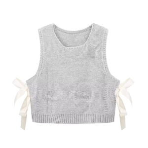 Light gray cable knit vest for women with white side silk ribbons and round neck design