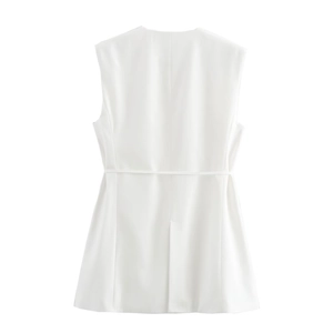 Rear view of white sleeveless vest featuring a center back slit and thin drawstring waist belt