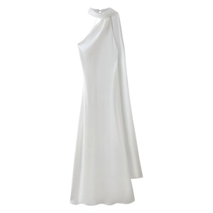 Detail of elegant white satin halter neck maxi dress with silky ribbon and side drapes