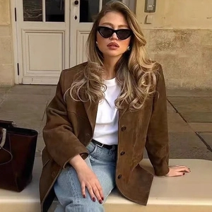 Women's Suede Blazer Single Breasted Lapel Collar Loose Fit Long Sleeve Faux Suede Jacket Streetwear Autumn Winter Coat