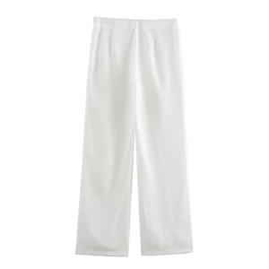 Detail of white high-waist wide-leg trousers featuring a smooth fabric and elegant pleats