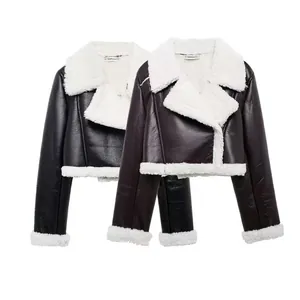 Women's faux shearling lapel biker jacket in black and burgundy leather finishes