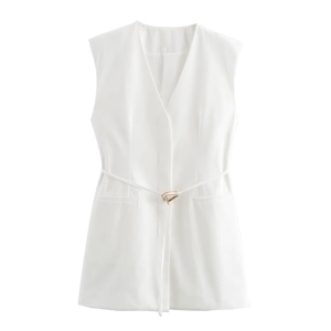Detail of white sleeveless vest showing the metal triangle buckle belt and waist pocket