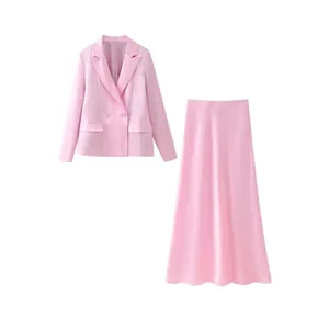 Women Elegant Pink Satin Blazer And Skirt Double Breasted Blazer Jacket And High Waist A-Line Long Skirt Office Lady Outfit