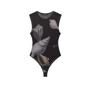 Women Sexy Sleeveless Mesh Bodysuit Sheer Shell Print High Cut Slim Fit Leotard For Vacation Beach Party Summer Fashion Wear