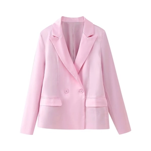 Pink satin blazer for women featuring classic double-breasted buttons and flap pockets