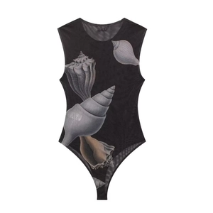 Women's black sleeveless bodysuit with vintage shell print on transparent mesh fabric
