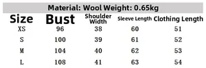 Size guide for women's soft wool short jacket including chest and shoulder measurements