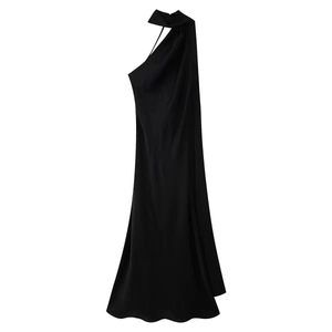 Detail of elegant black satin halter dress featuring pleated neckline and draped silhouette