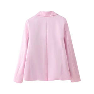 Women's light pink satin blazer suit set, tailored back view with elegant glossy finish