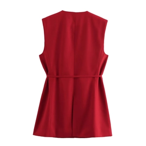 Rear view of long red sleeveless vest with matching waist belt and back slit detail