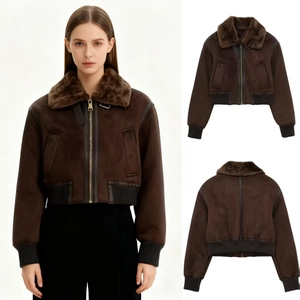 Women's Vintage Faux Suede Bomber Jacket With Faux Fur Collar Warm Winter Short Coat Retro Dark Brown Outwear For Ladies