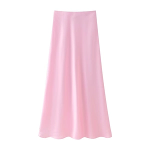 Elegant pink satin high waist A-line maxi skirt with premium glossy finish on white background