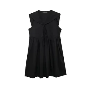 Women's Elegant Black Sleeveless Dress With Sailor Collar Bow Tie A-Line Pleated Commuter Intellectual Mini Dress