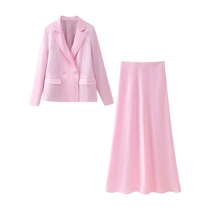 Elegant pink satin two-piece blazer and midi skirt set for women with glossy finish