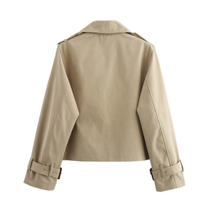 Detailed back view of a khaki short trench jacket featuring epaulettes and sleeve straps