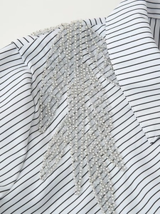 Detailed close-up of beaded feather embroidery on a striped female shirt shoulder