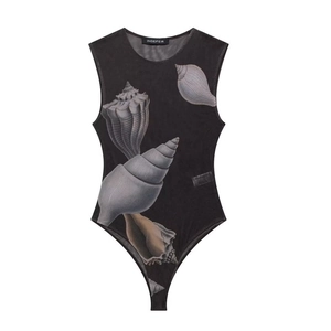 Women's black mesh bodysuit with artistic seashell print and high cut leg fit