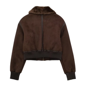 Vintage brown faux suede pilot jacket with plush collar and ribbed cuffs on white background