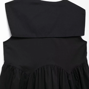 Women's chic black mini dress with oversized sailor collar and pleated waist detail