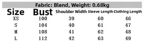 Tableau des tailles pour veste texturée femme avec buste et mesures de longueur