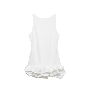 Elegant white sleeveless mini dress featuring a tiered ruffle hem and minimalist crew neck