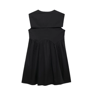 Elegant black sleeveless mini dress with oversized sailor collar and pleated A-line silhouette