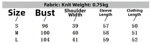 Size chart for textured knit jacket showing bust, shoulder, and sleeve measurements