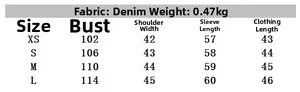 Detailed sizing guide for cropped denim shirt showing chest and sleeve measurements