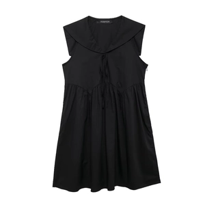 Elegant black sleeveless V-neck mini dress with bow tie and pleated skirt for women