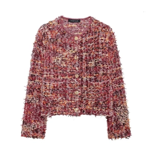 Detailed macro view of the multi-color textured knit fabric and gold buttons on the jacket