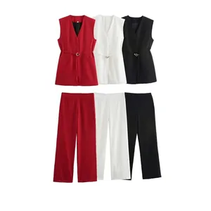 Women Elegant Sleeveless V Neck Waistcoat And Wide Leg Pants Outfits With Belt Business Casual Office Polyester Outfits