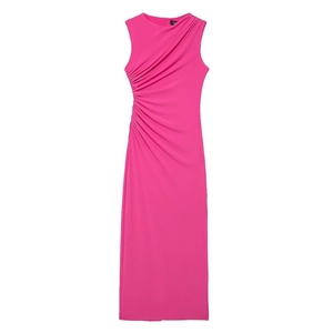 Sleeveless rose pink midi dress with elegant asymmetrical pleats on smooth fabric