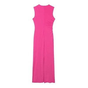 Hot pink sleeveless midi dress with side ruching and back slit for a modern look