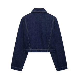 Rear view of cropped dark blue denim shirt with sharp collar and premium contrast stitching