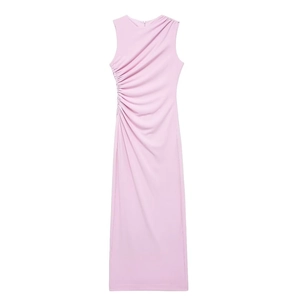 Detail of ruched waist detailing on light mauve sleeveless midi dress with smooth draping