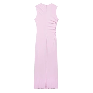 Detail of elegant slim fit sleeveless midi dress with side ruched pleats in pale mauve